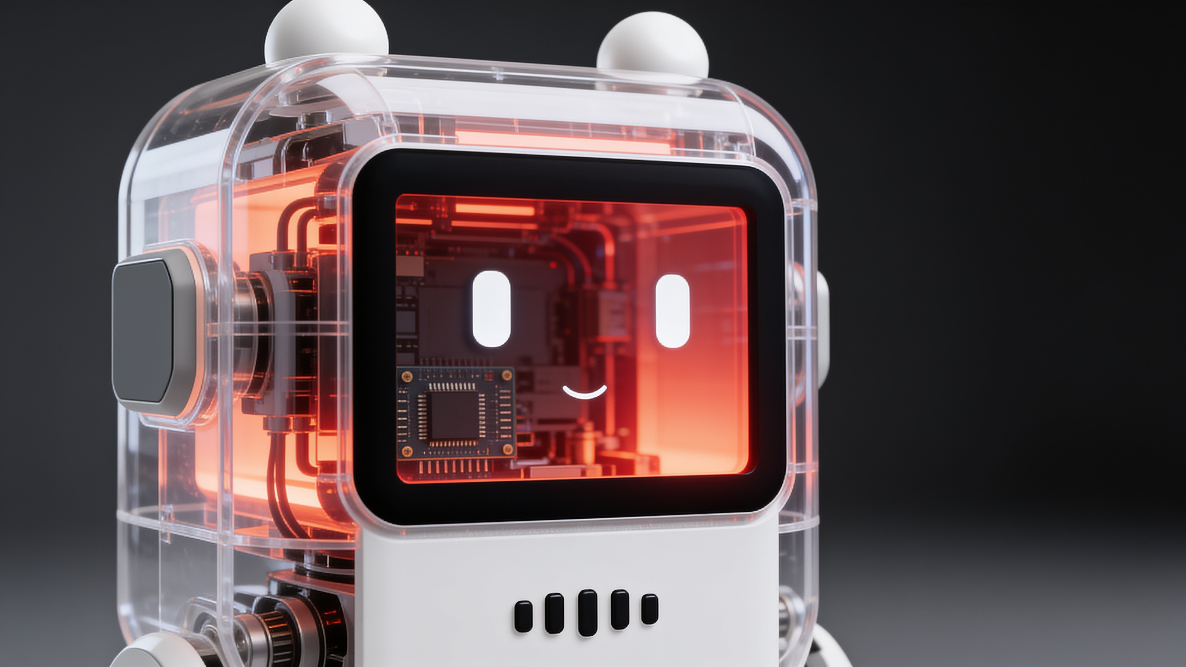 Front view of n o ii's smiling face screen glowing red over its circuit interior