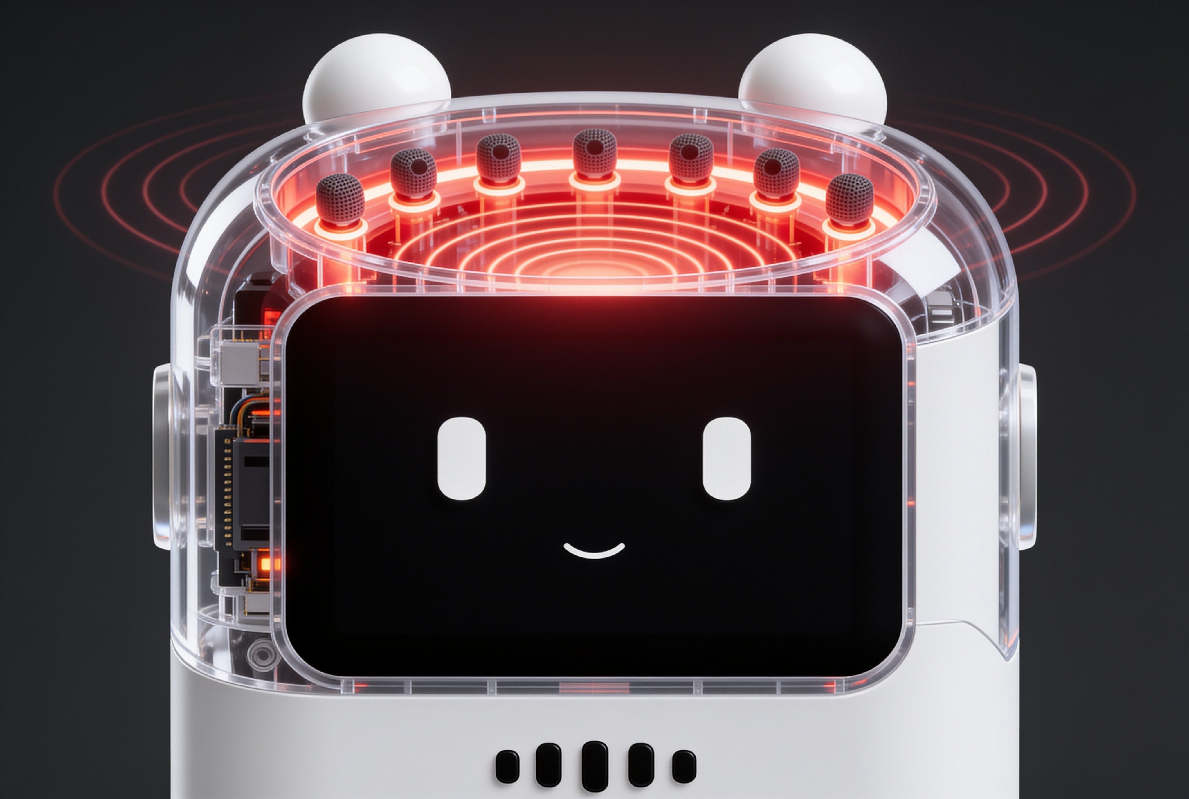 Close-up of n o ii's seven-microphone array glowing red beneath its clear dome