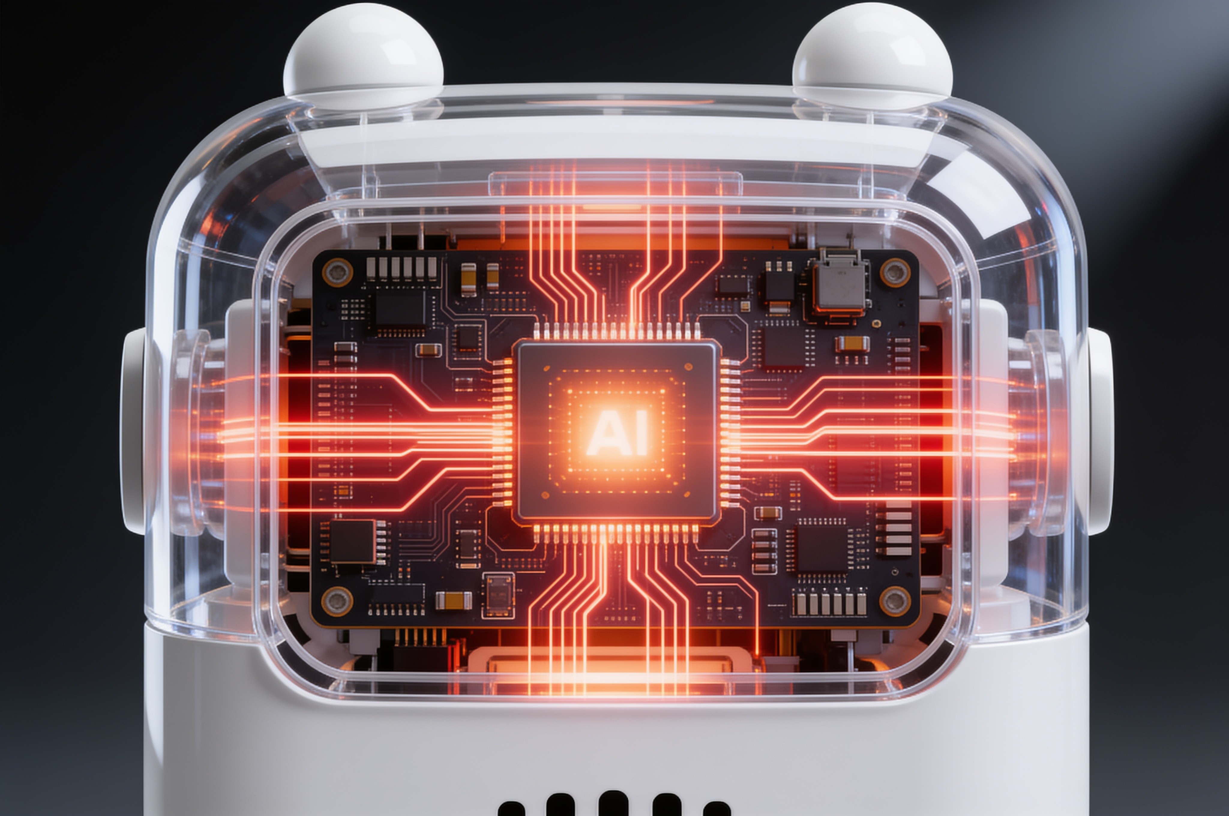 Cutaway view of the n o ii home AI device showing its glowing AI processor board inside a transparent shell