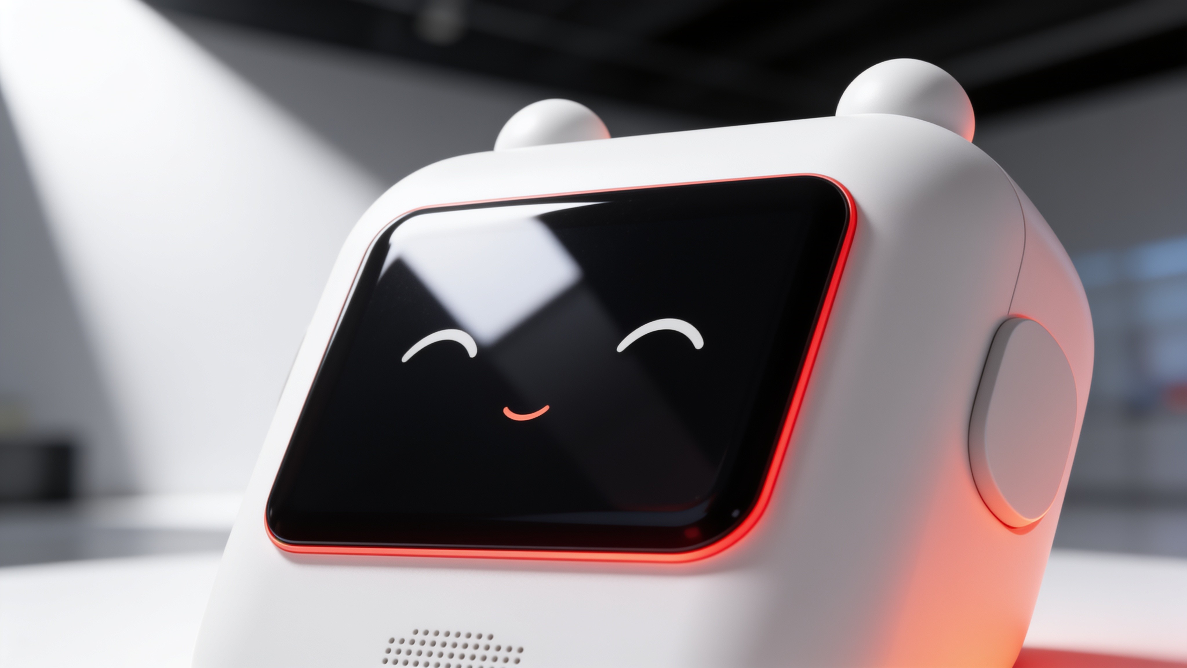 n o ii white voice device floating with a sleepy smiling face in warm morning light