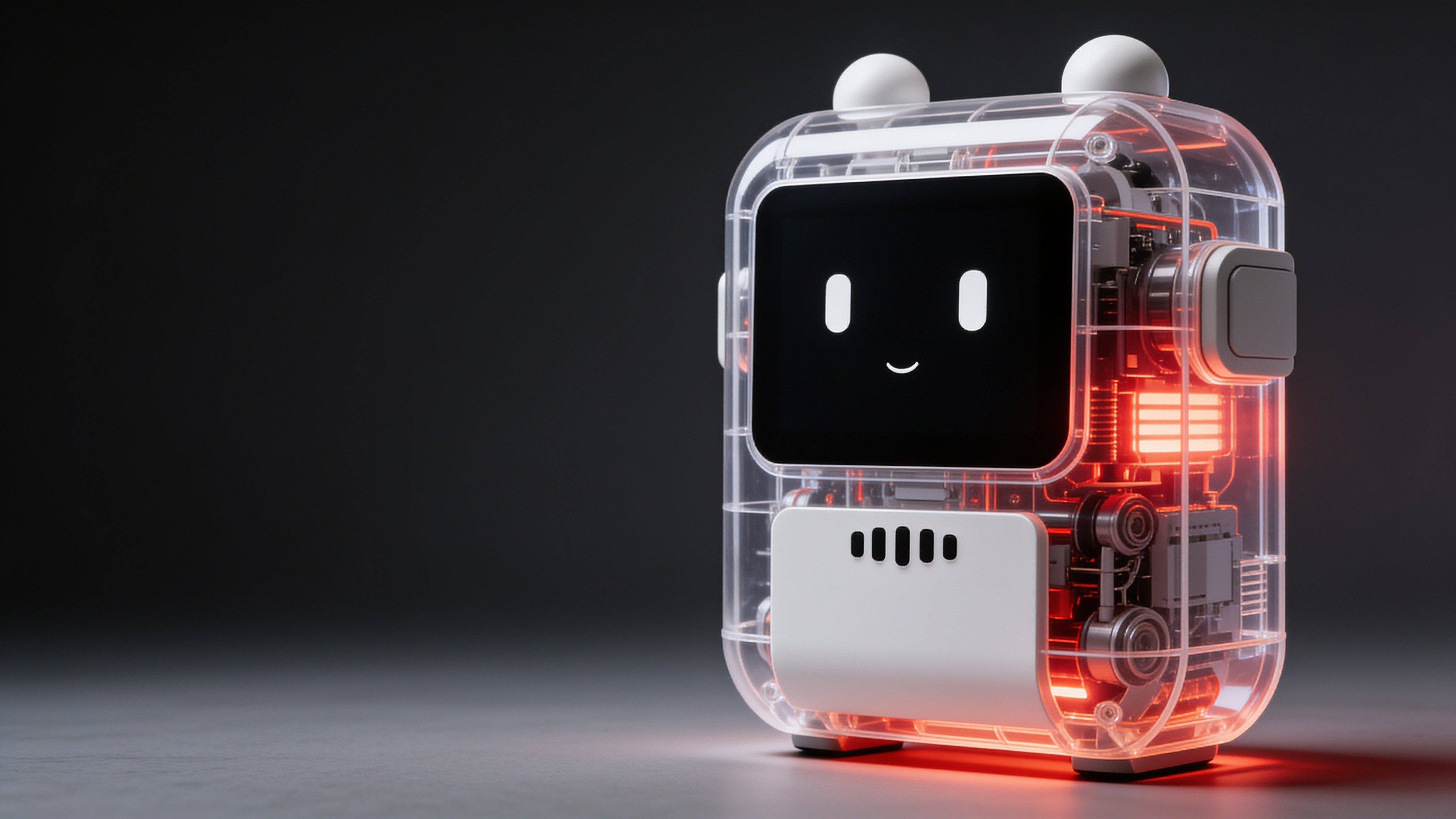 Angled view of n o ii with illuminated internal components behind its clear body