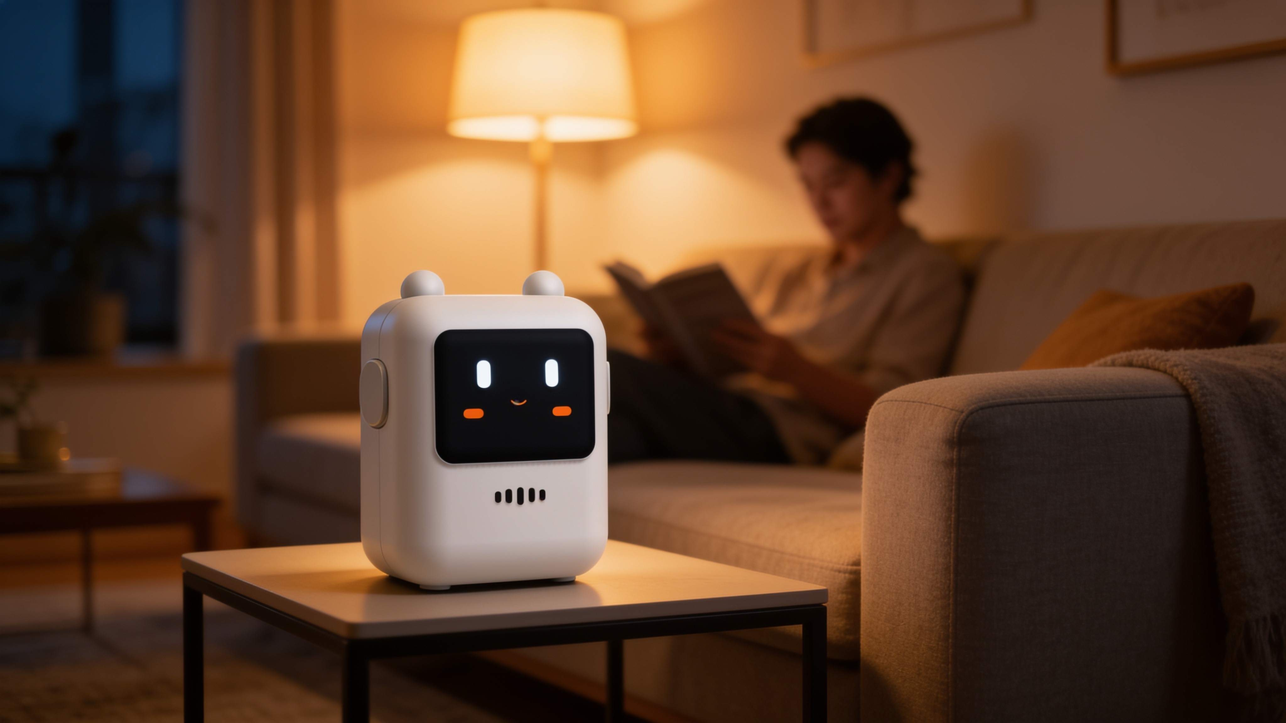 n o ii, a small white voice AI home device with a glowing smiling face and warm coral light, tilted on a bright surface
