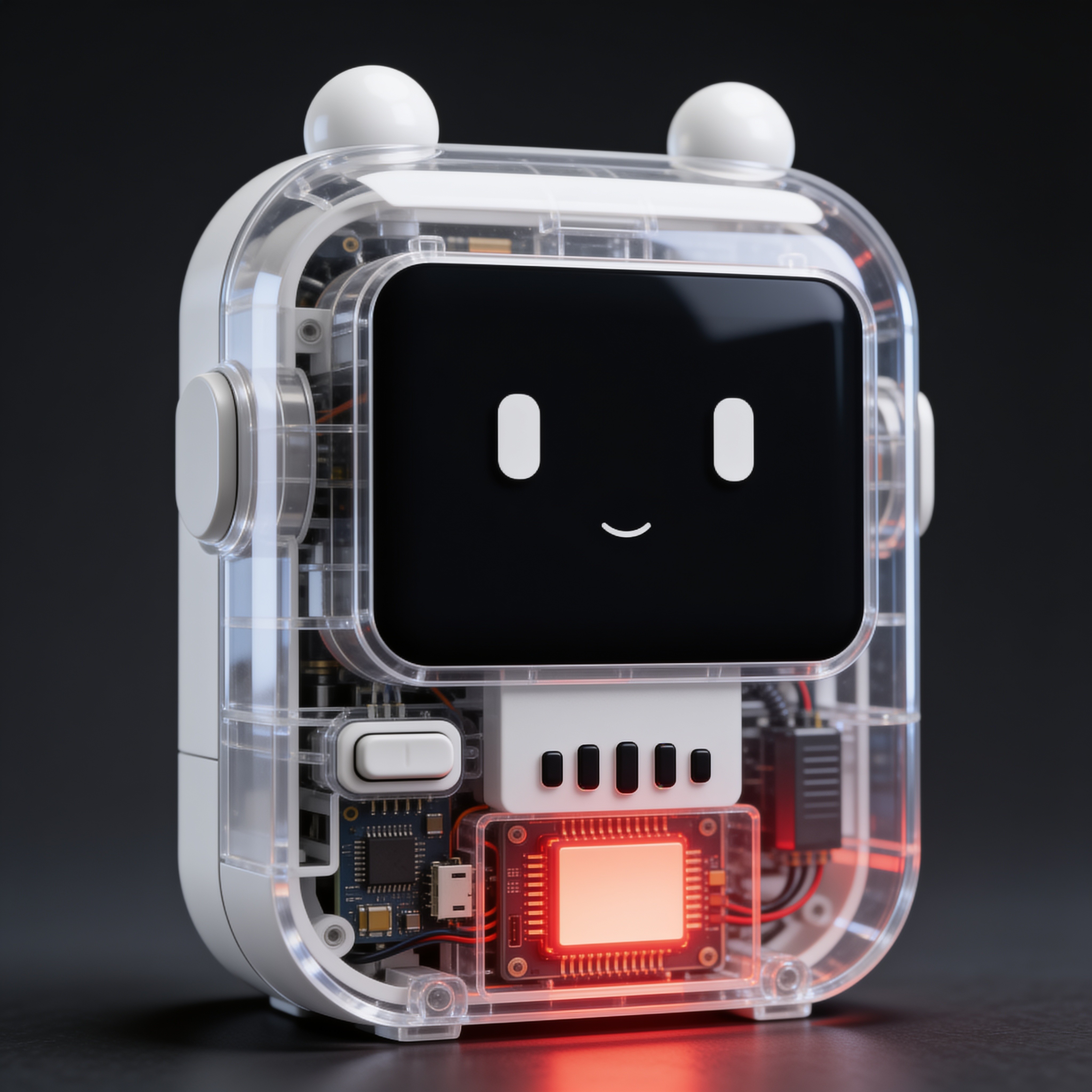 n o ii home AI device with a transparent casing revealing its internal electronics