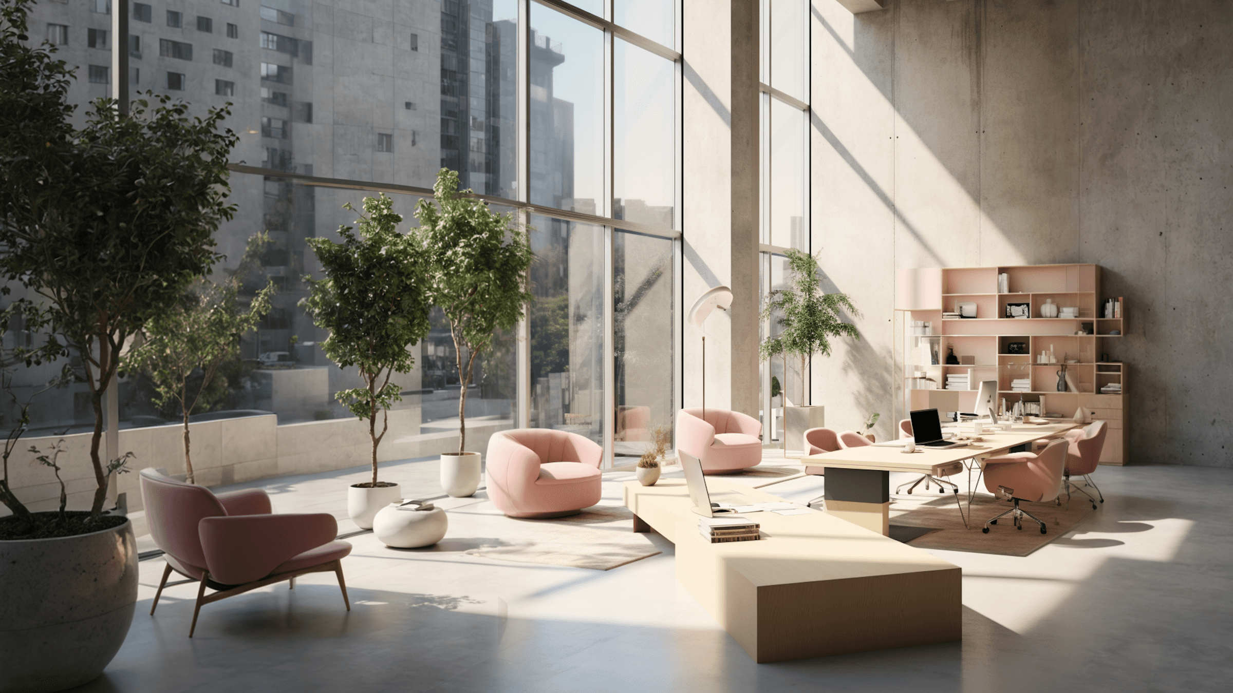 The n o ii studio, a bright open workspace with plants and warm light