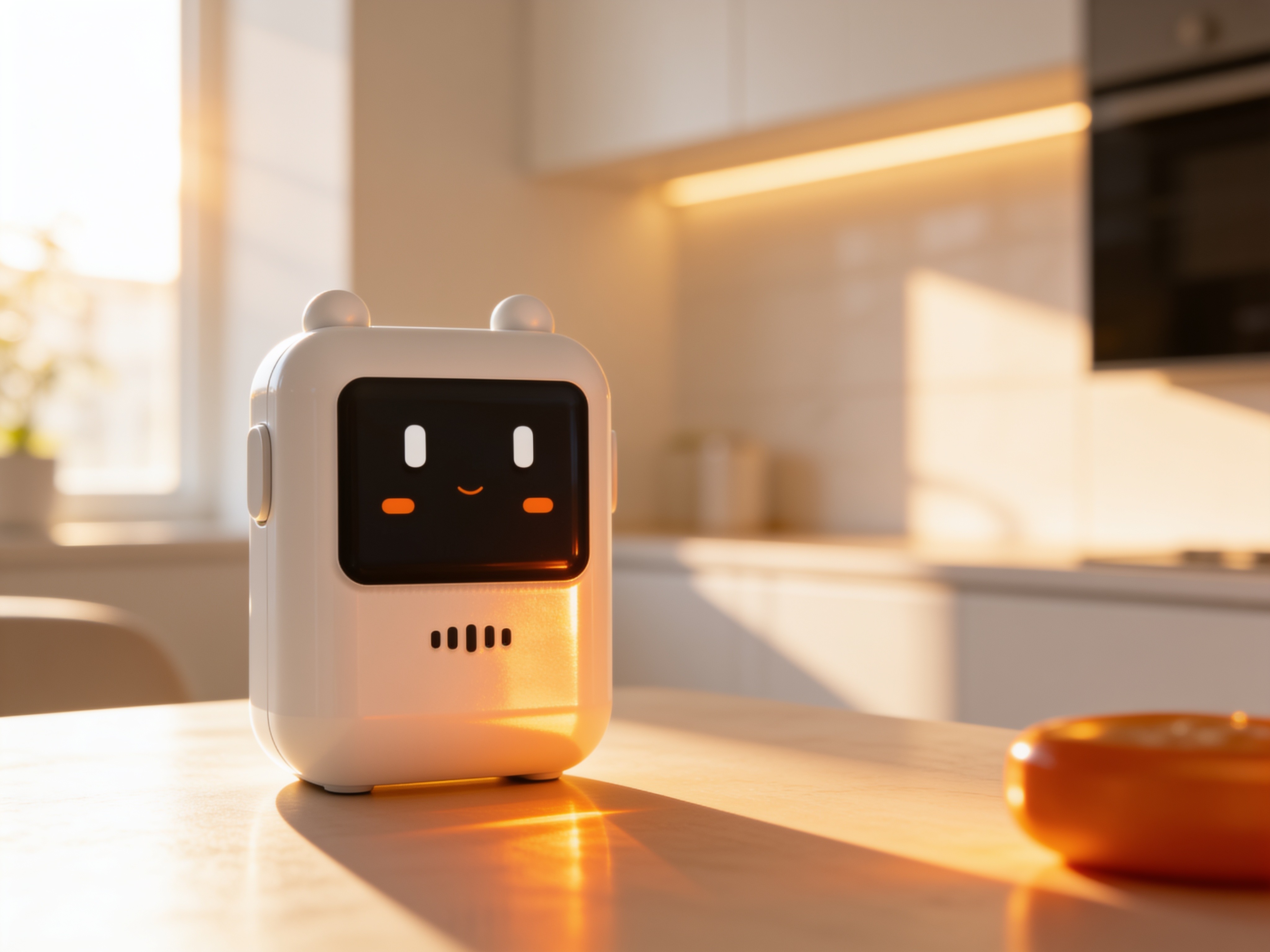 n o ii white voice device with a friendly glowing face on a hallway console, a man hanging his coat by the door in a warm modern home