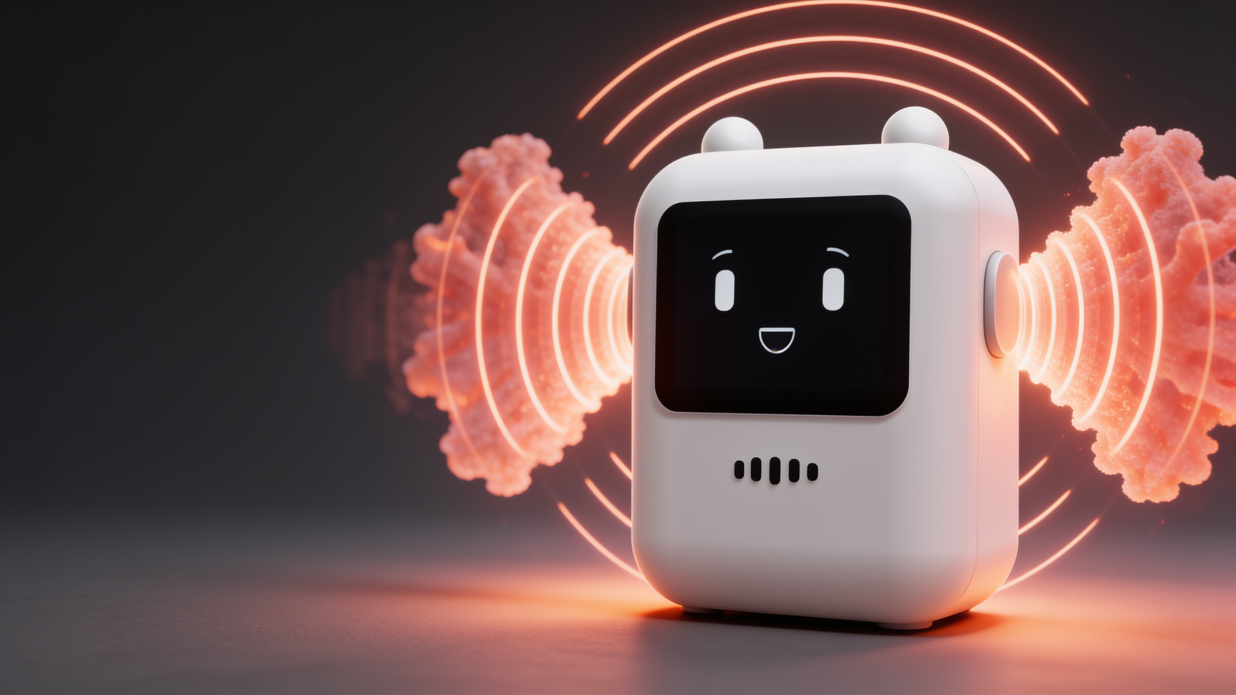The white n o ii device smiling with orange sound waves radiating from both sides