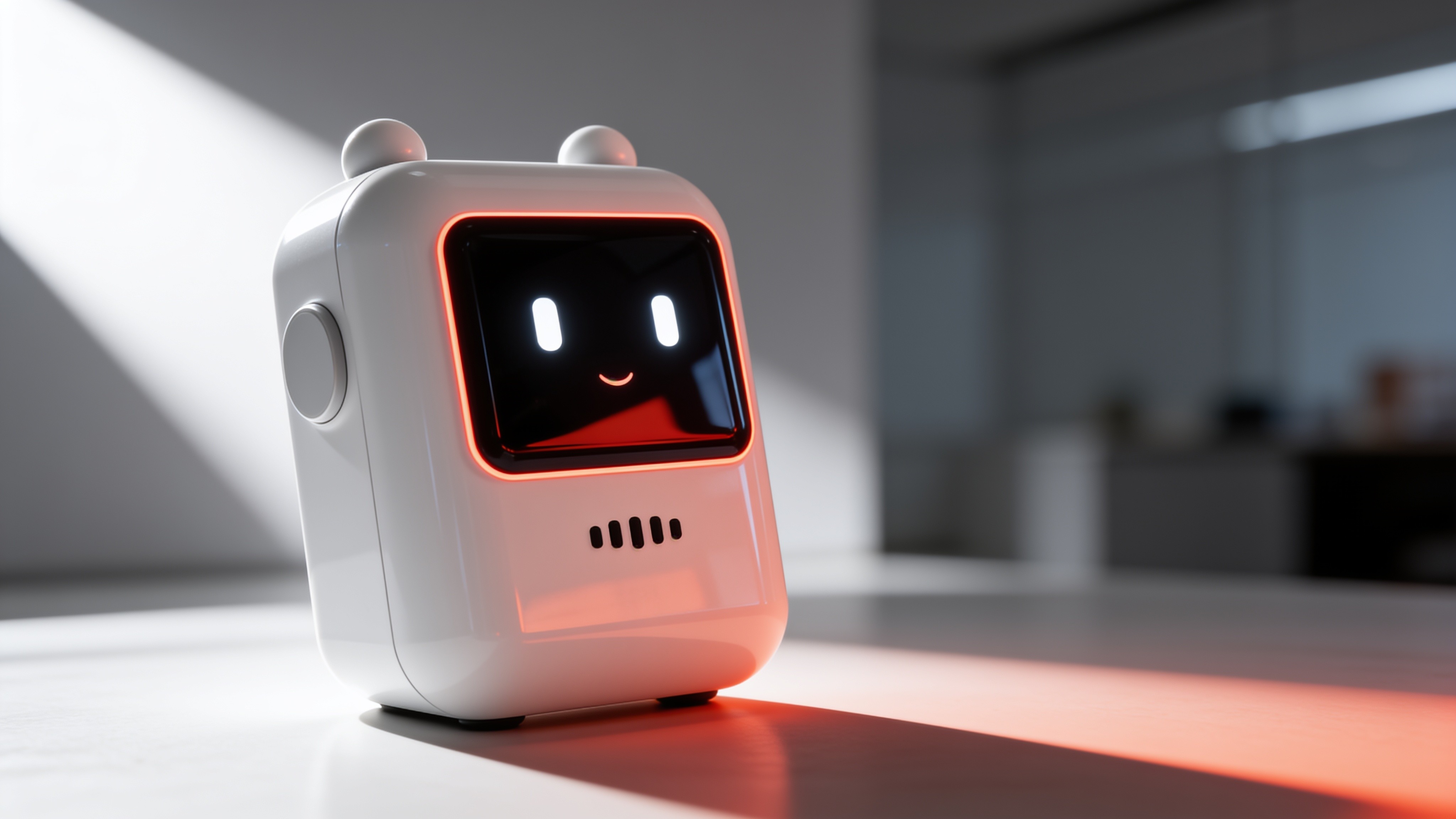 The n o ii home AI device resting on a tile floor, tilted at an angle, showing a smiling face