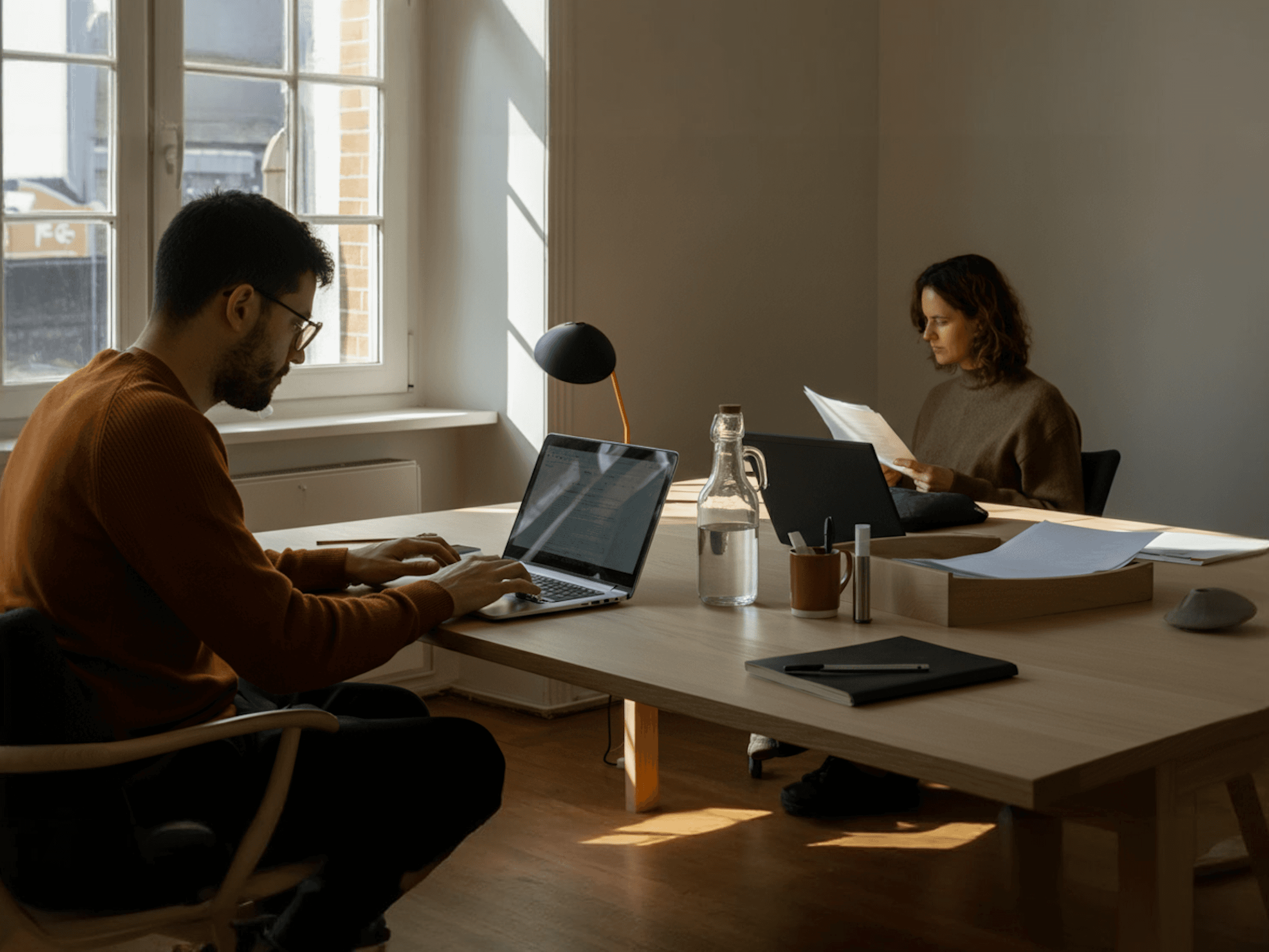 Two n o ii team members working in a sunlit studio